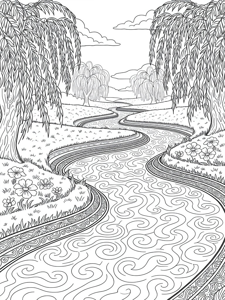 Line drawing of weeping willow trees framing a swirling, winding river through grassy meadows with flowers.