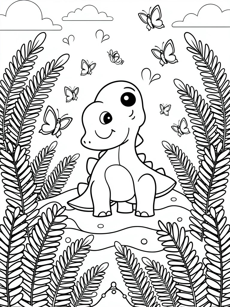 Line art coloring page of a cute baby stegosaurus dinosaur on a mound, surrounded by ferns and butterflies with clouds above.