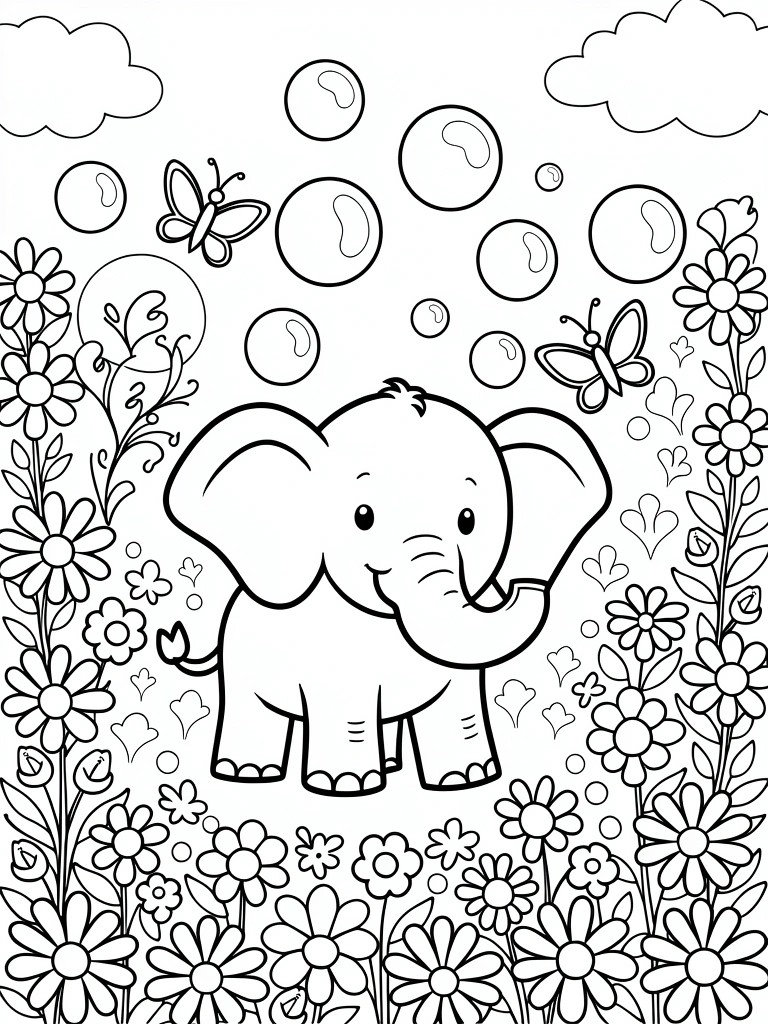 Line drawing of a baby elephant surrounded by bubbles, butterflies, and flowers in a garden border.