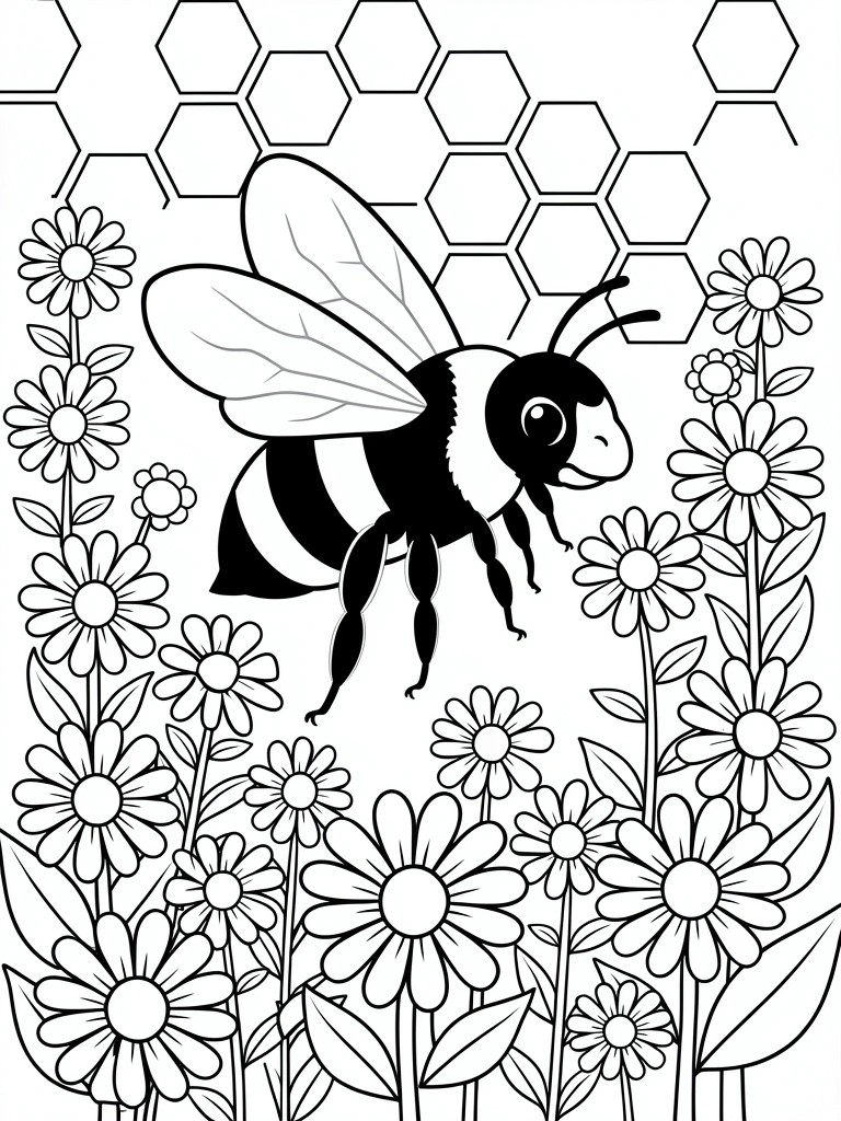 Black line art coloring page featuring a central bumblebee surrounded by daisies and honeycomb hexagon patterns.