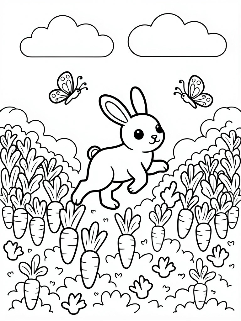 Line art of a bunny hopping amid carrots in a field, with butterflies, clouds, and paw prints.