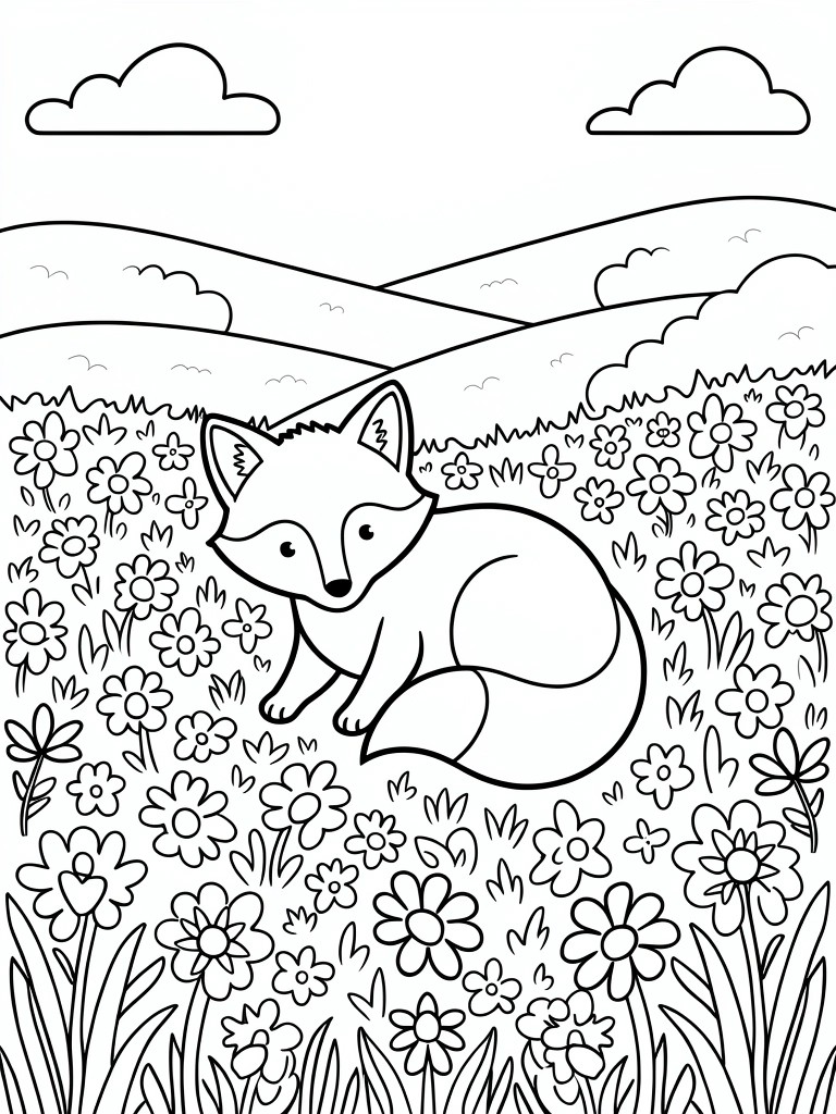 Line drawing of a curled fox sitting in a dense field of flowers, with hills and clouds in the background.