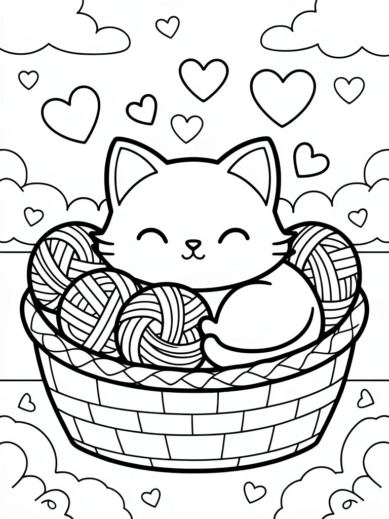 Black line art coloring page of a smiling cat sitting in a basket of yarn balls with hearts and clouds around it.
