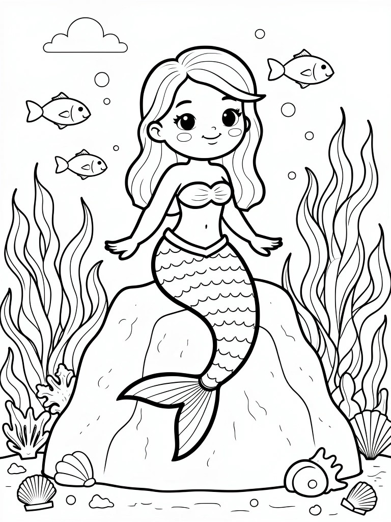 Line art coloring page of a smiling mermaid on a rock amid seaweed, fish, bubbles, and shells.