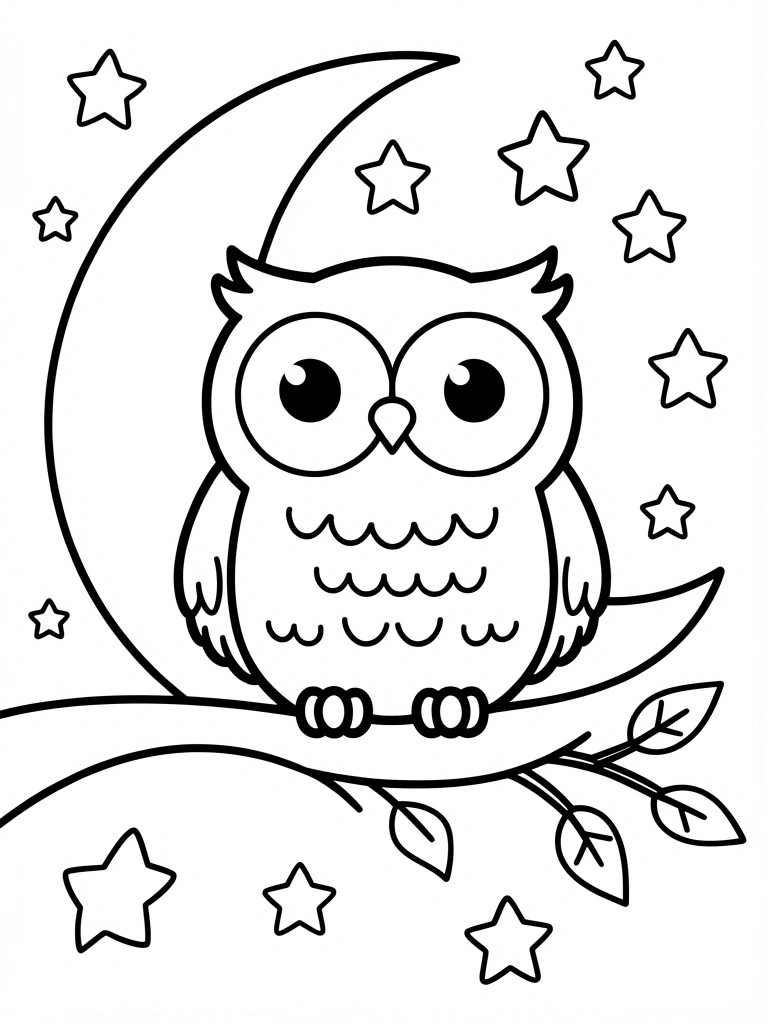 Black line drawing of a cute owl with big eyes sitting on a branch under a crescent moon surrounded by stars.