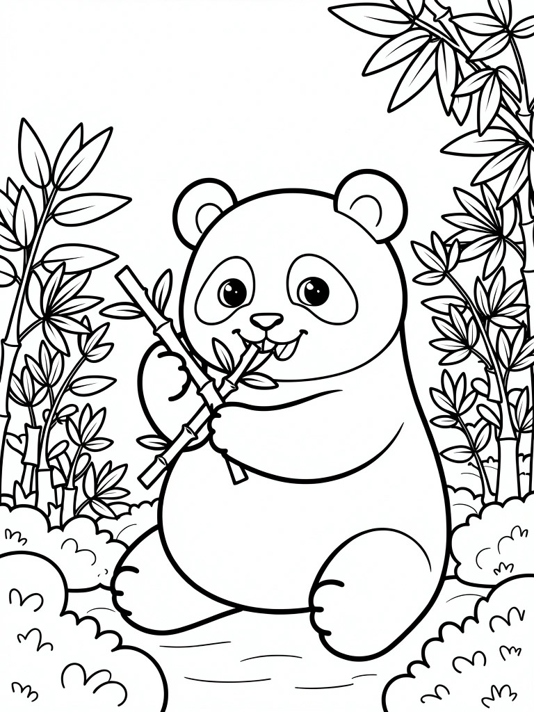 Line drawing of a chubby panda eating bamboo surrounded by bamboo stalks, leaves, and ground bushes.
