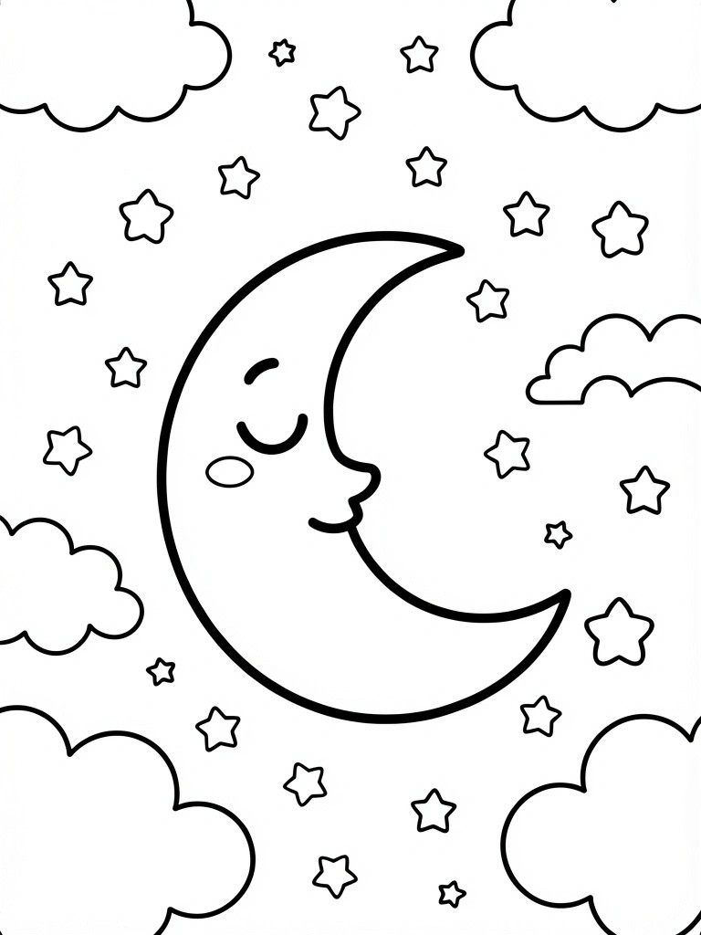 Line art of a crescent moon with happy face, surrounded by stars and clouds.