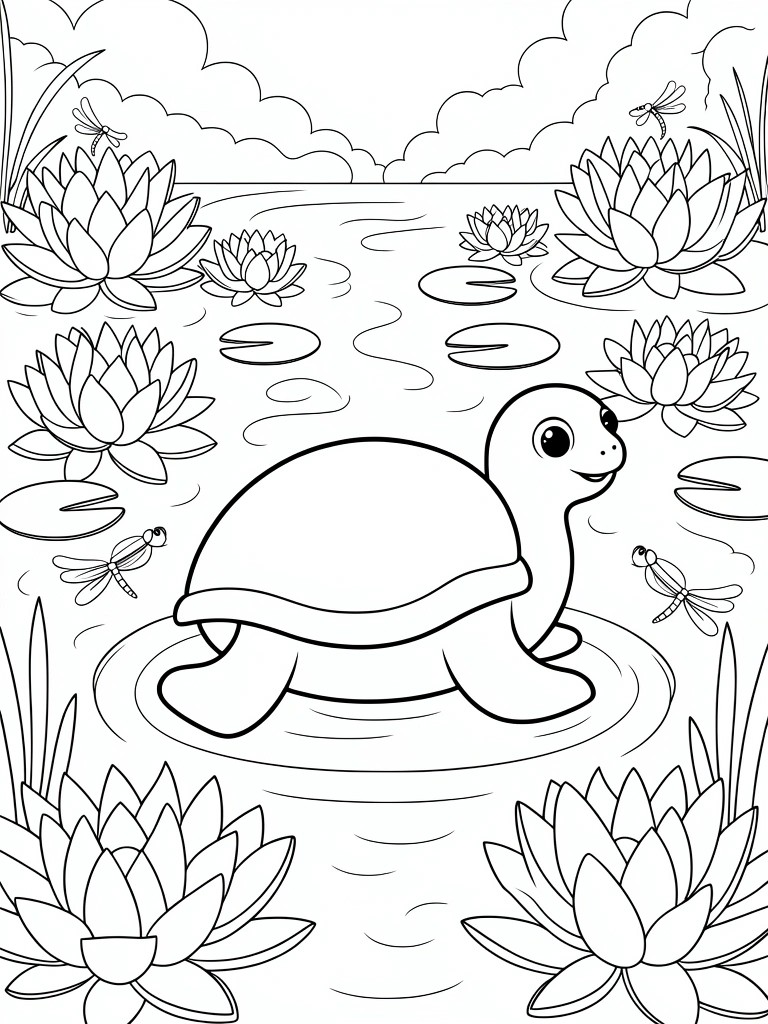 Line drawing of a cute baby turtle swimming in a pond with lily pads, lotus flowers, dragonflies, reeds, and cloudy sky.