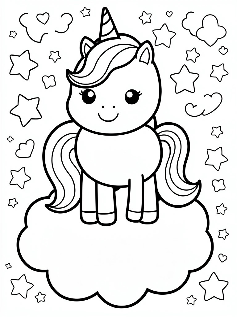 Black and white line drawing of a cartoon unicorn with flowing mane and tail standing on a cloud surrounded by stars hearts and clouds.