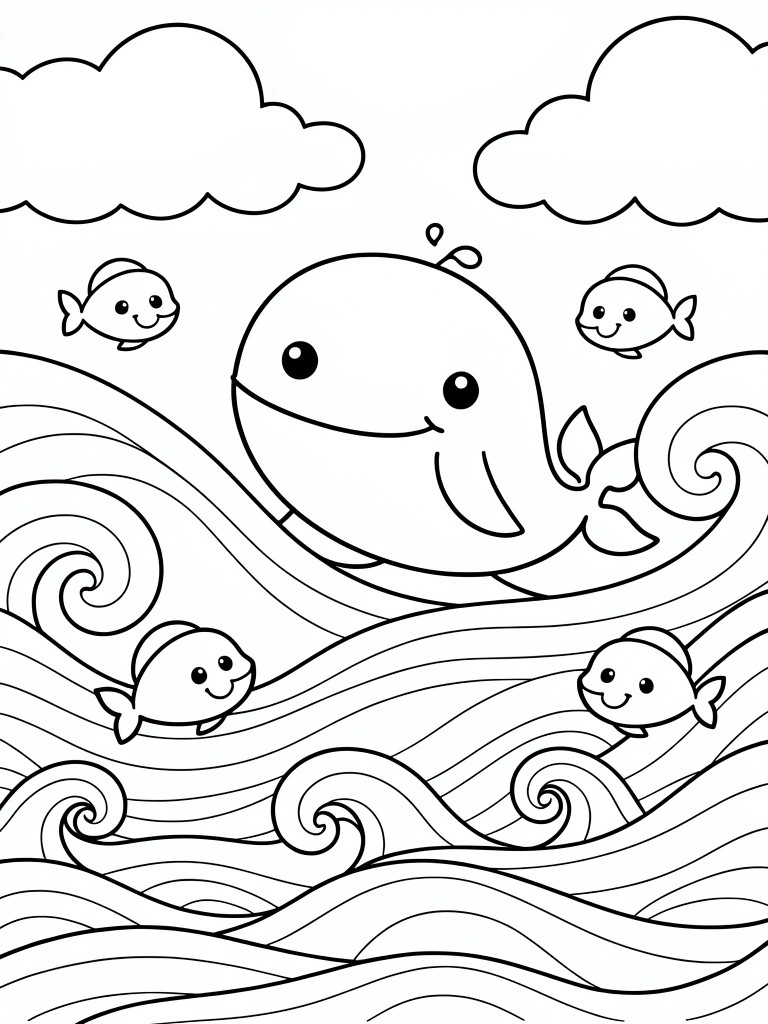 Line drawing of a big-eyed whale riding waves with four small fish around it and clouds overhead.