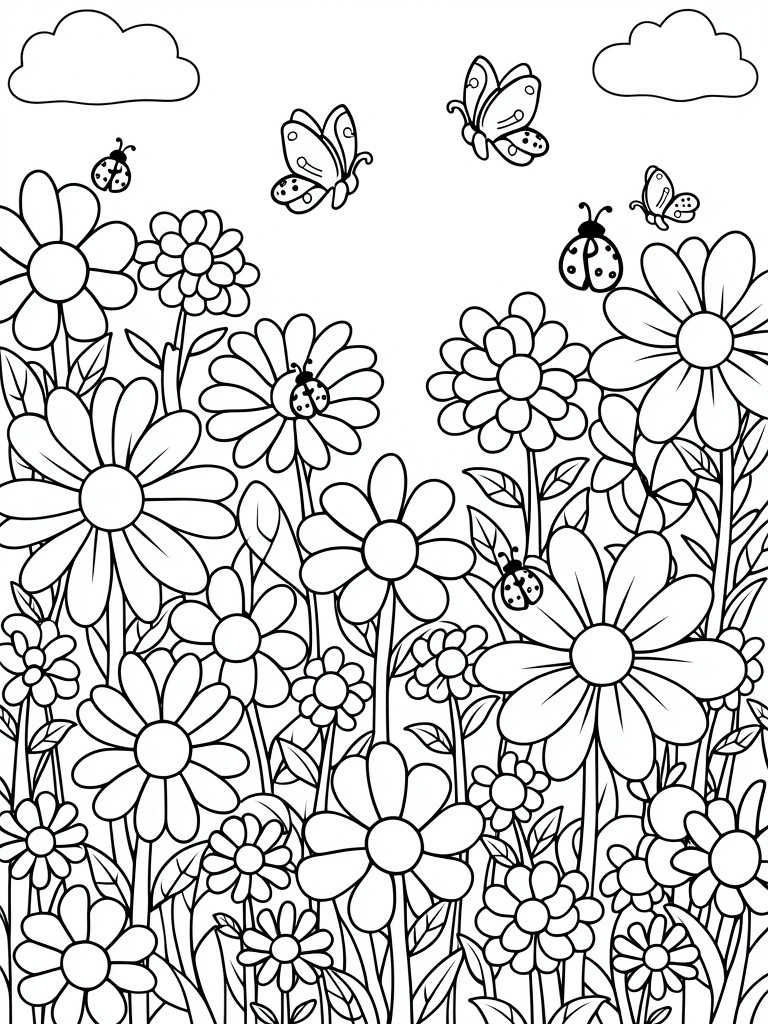 Black and white line drawing of daisies in a garden with ladybugs, butterflies above, and clouds in the sky.