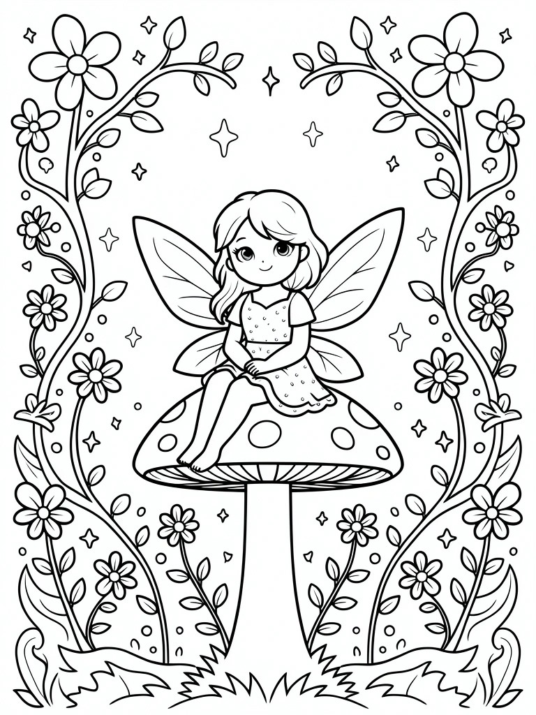 Black and white coloring page of a fairy sitting on a mushroom inside a border of vines, flowers, and stars.