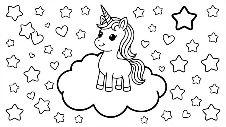 24 Cute Simple Coloring Pages for Stress Free Fun Black and white line drawing of a cartoon unicorn with flowing mane and tail standing on a cloud surrounded by stars hearts and clouds.