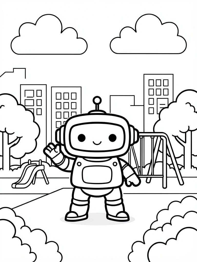 Black and white outline of a cute smiling robot with headphones waving in a park playground with swings, slide, trees, city buildings, and clouds.