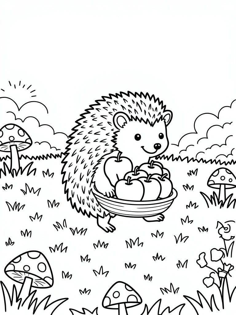 Black line drawing of a hedgehog holding a basket of apples amid grass, mushrooms, flowers, and a sun.