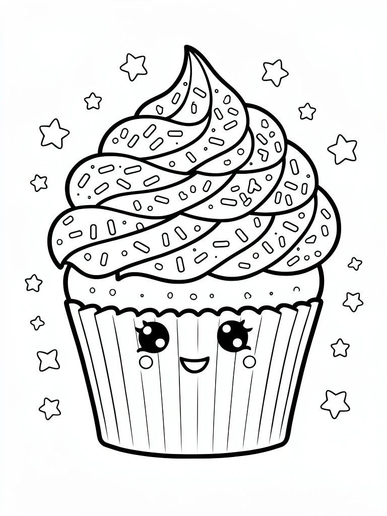 Black line art of a kawaii-style cupcake with big eyes, swirly frosting topped with sprinkles, and surrounding stars.