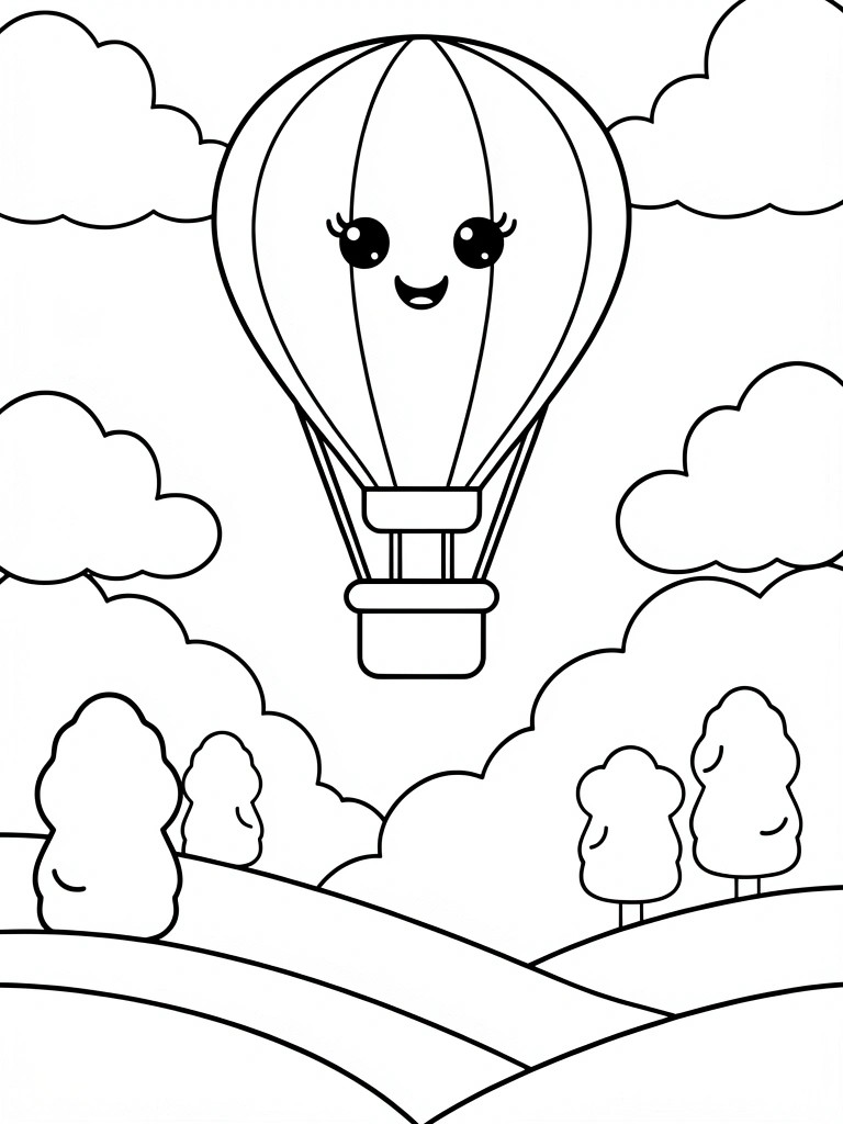 Black outline coloring page of a cute smiling hot air balloon with eyes amid clouds above trees and hills.