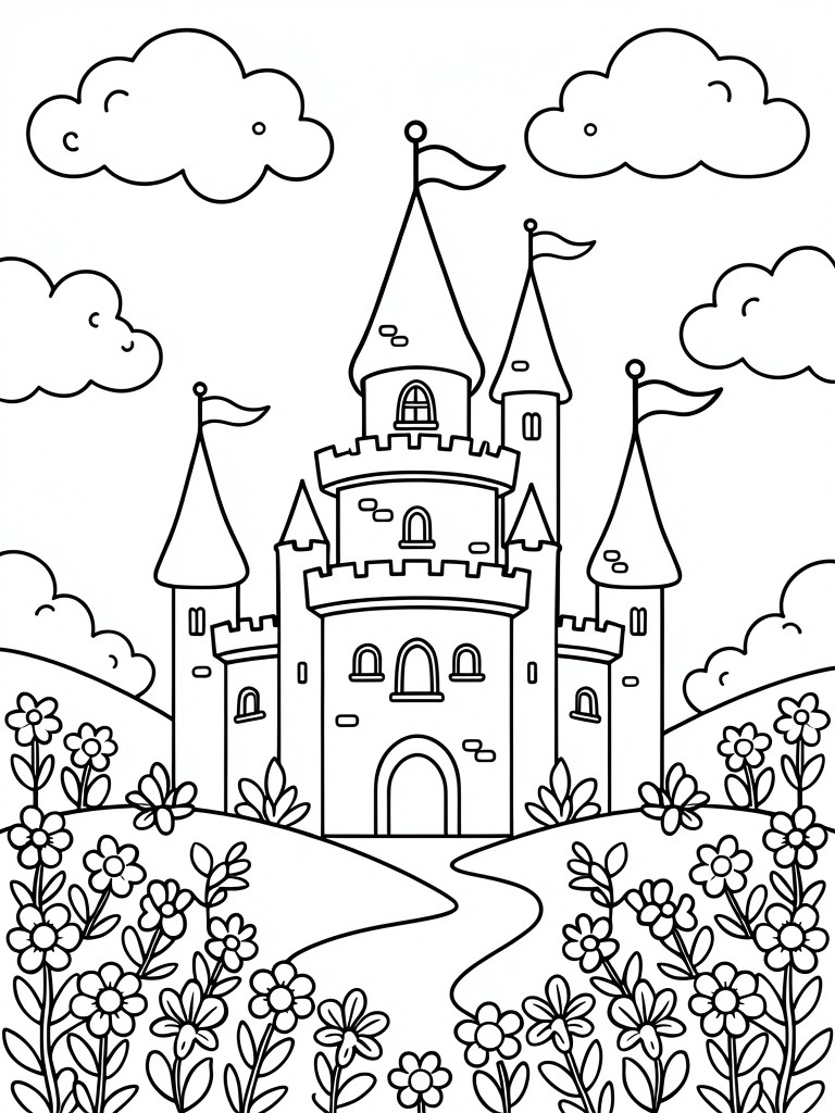 Black outline drawing of a castle with towers and flags on a hill, surrounded by flowers, a path, and clouds.