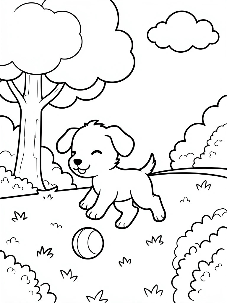 Black line drawing of a puppy running toward a ball on grass, next to a tree with bushes and clouds in the background.