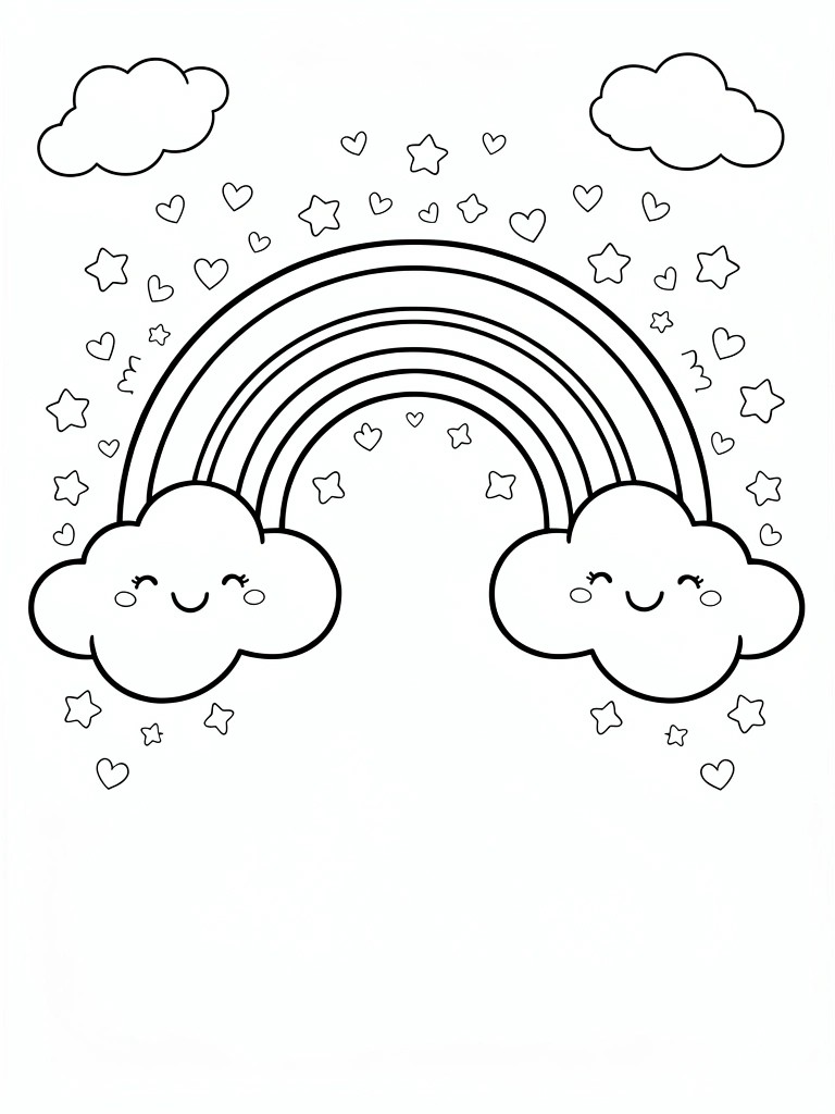 Line art of a rainbow arched between two smiling clouds, surrounded by hearts and stars.