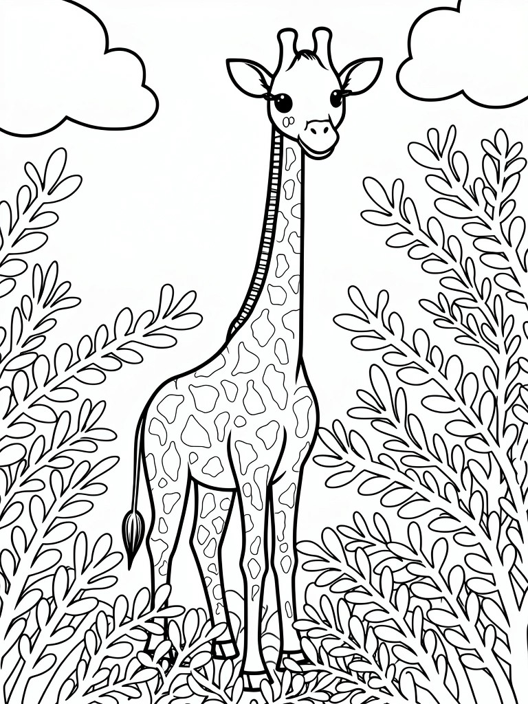 Line drawing of a cartoon giraffe with spots and a smile, surrounded by bushes below and clouds above.