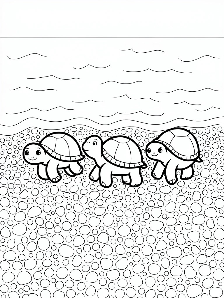 Line drawing of three baby sea turtles walking in a row on sandy beach toward ocean waves with bubble sand patterns.