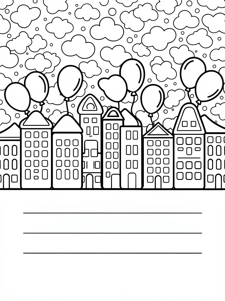 Line art coloring page of balloons floating above a row of narrow peaked-roof houses with dotted cloud background.
