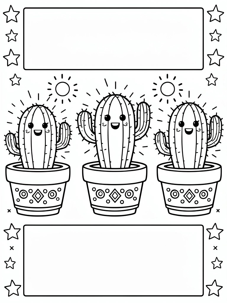 Line art coloring page with three cute smiling cacti in patterned pots, suns above, stars around, and blank rectangular frames top and bottom.