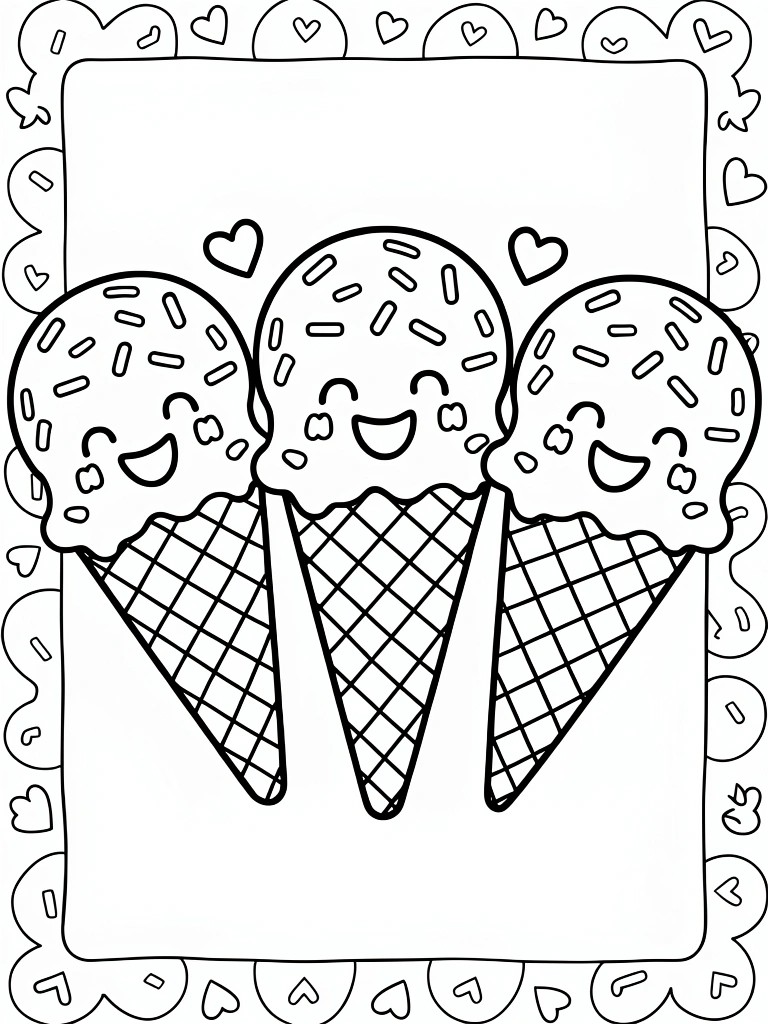 Black line drawing of three smiling ice cream cones with sprinkles, drips, and heart borders in a framed page.