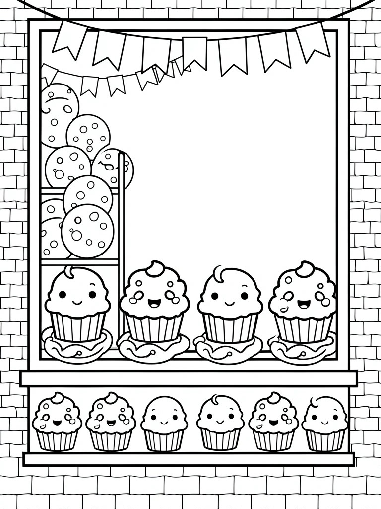 Line art coloring page of a brick wall window displaying stacked and smiling cupcakes on shelves, sill, and below with balloons.