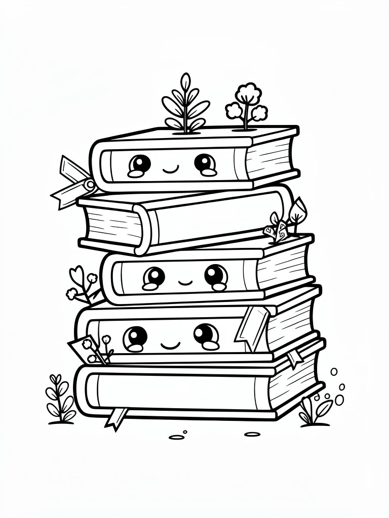 Line art of stacked books with kawaii faces, topped by plants and flowers, on a grassy base.