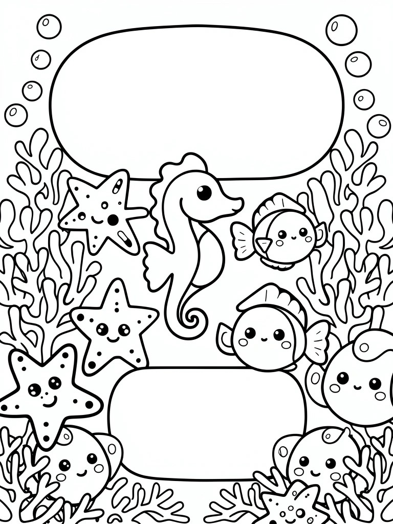 Black line drawing of a cute seahorse, fish, stars, seaweed, and bubbles framing two blank ovals and a speech bubble in an underwater scene.