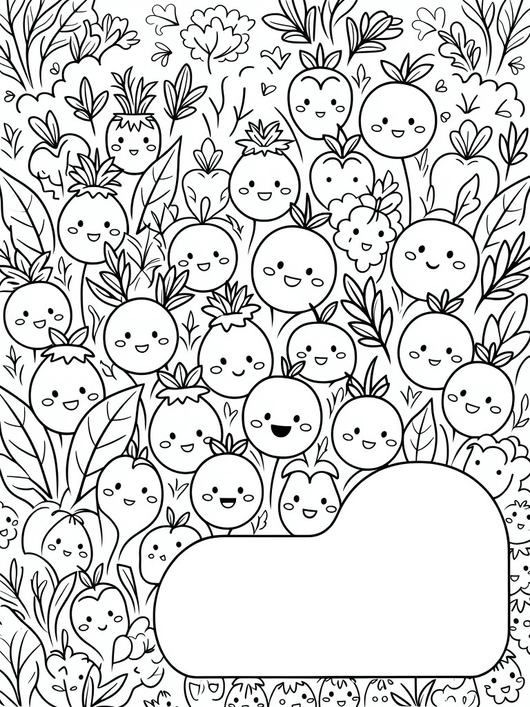 Line art coloring page of many smiling tomato-like shapes with faces surrounded by leaves and stems, plus a large blank cloud outline.