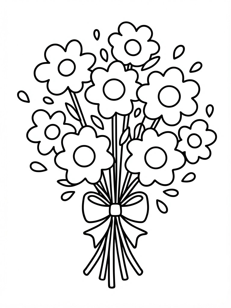 Line drawing of a bouquet of seven daisies tied at the stems with a bow and scattered petals.