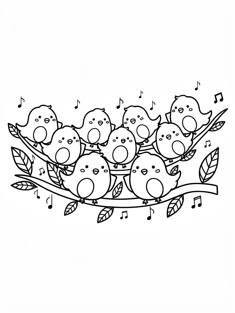 Line drawing of eight chubby birds perched on a branch with leaves at the ends and musical notes scattered around.