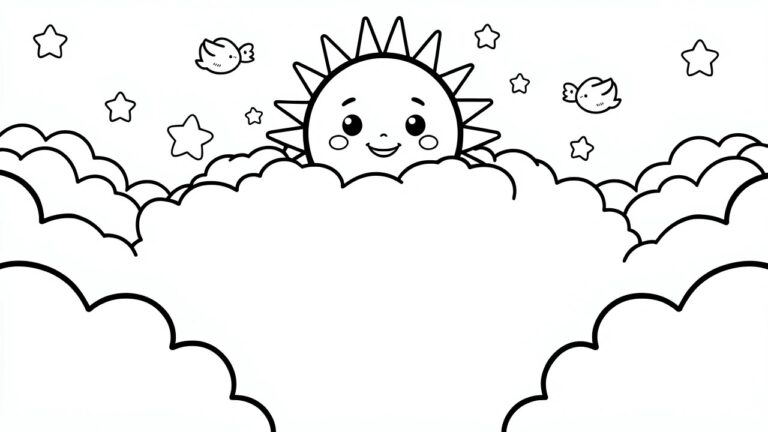 Line art coloring page of a cute smiling sun behind clouds with stars and birds in the sky.