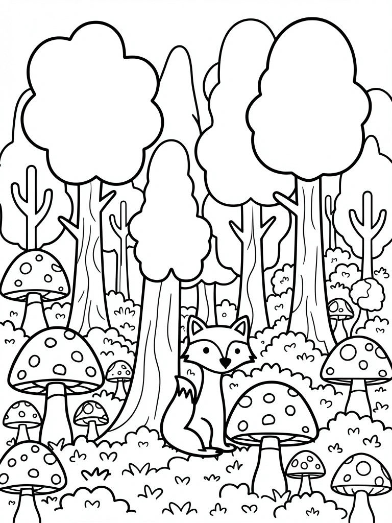 Black and white line drawing of a fox sitting under a tree in a forest filled with mushrooms, bushes, and trees.