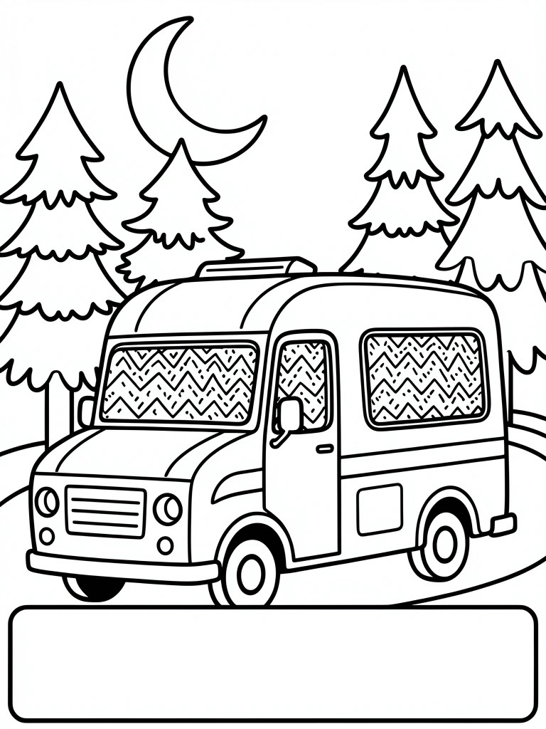 Line drawing of a white camper van with patterned curtains parked on a road surrounded by pine trees and a crescent moon in the sky.