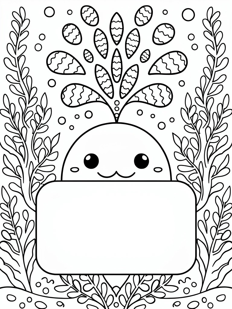 Line drawing of a cute round radish with face peeking over a central blank rectangle, surrounded by patterned leaves and bubbles.