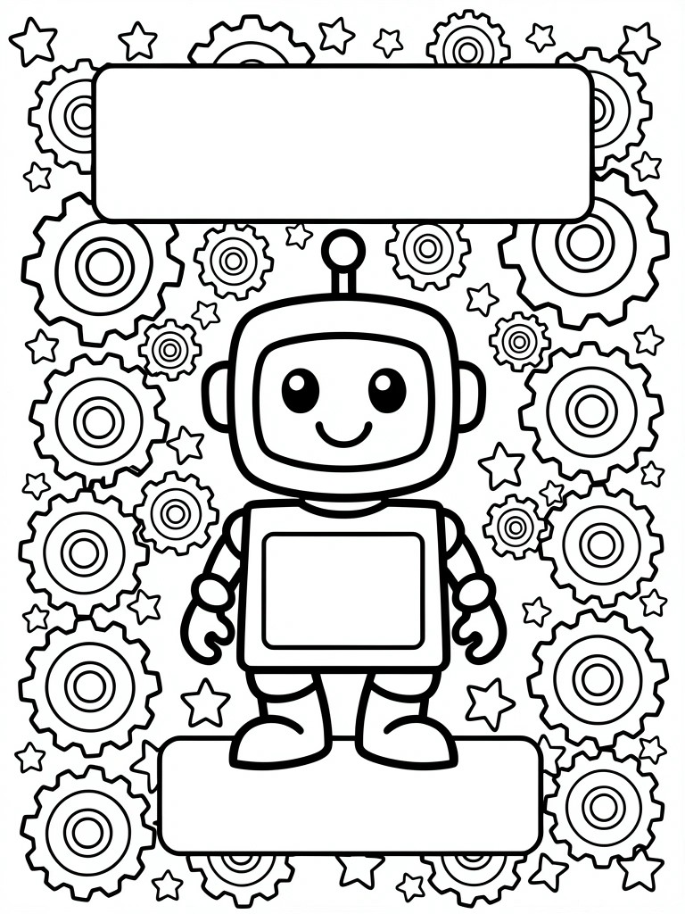 Line drawing of a smiling robot surrounded by gears, stars, and blank title rectangles.