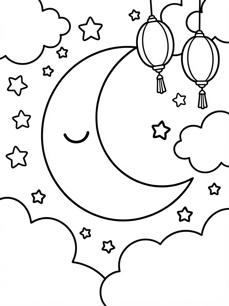Line art of a smiling crescent moon surrounded by stars, clouds, and hanging lanterns.