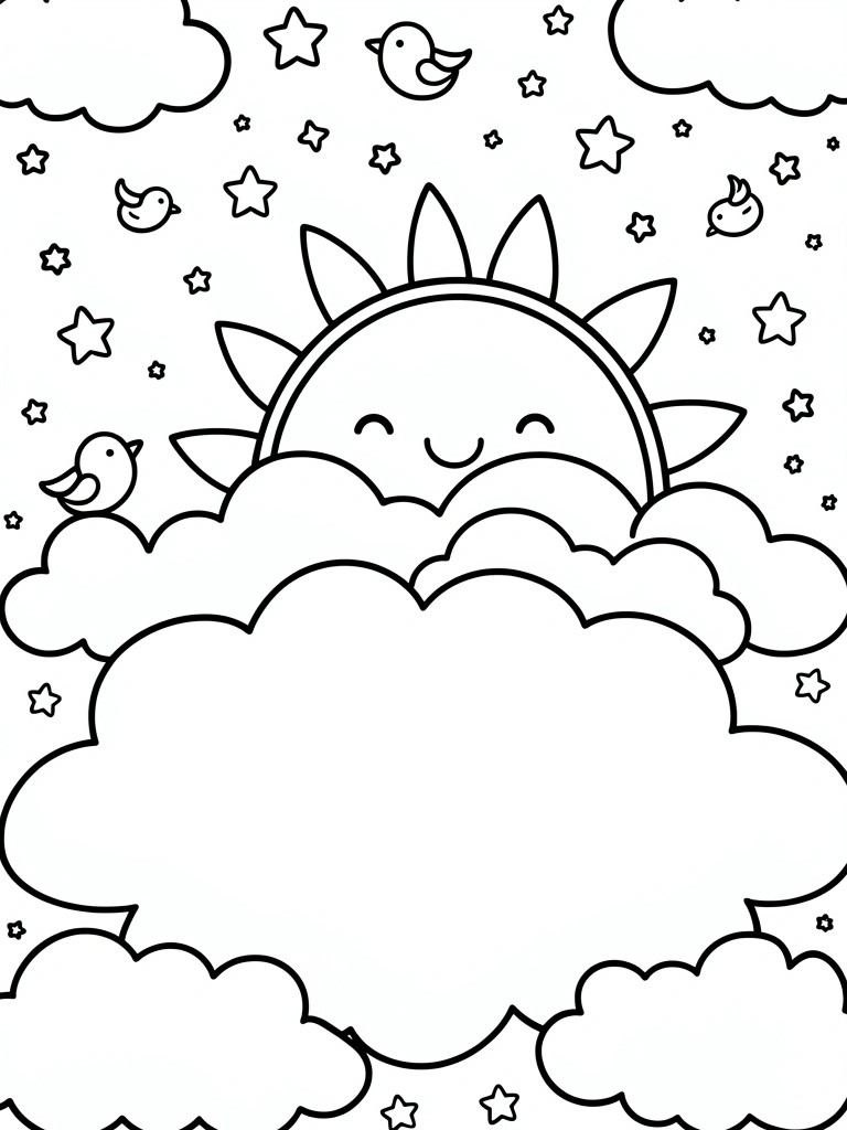Line art coloring page of a cute smiling sun behind clouds with stars and birds in the sky.