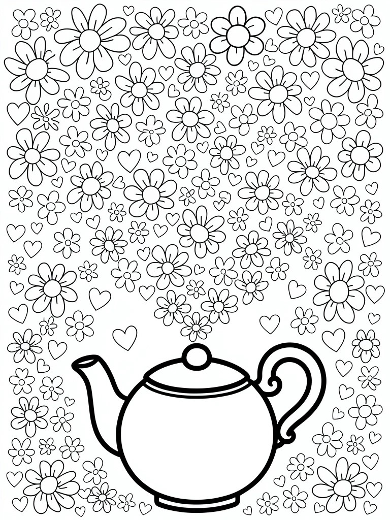 Black line drawing of a teapot spilling flowers from its spout, surrounded by scattered flowers and hearts.