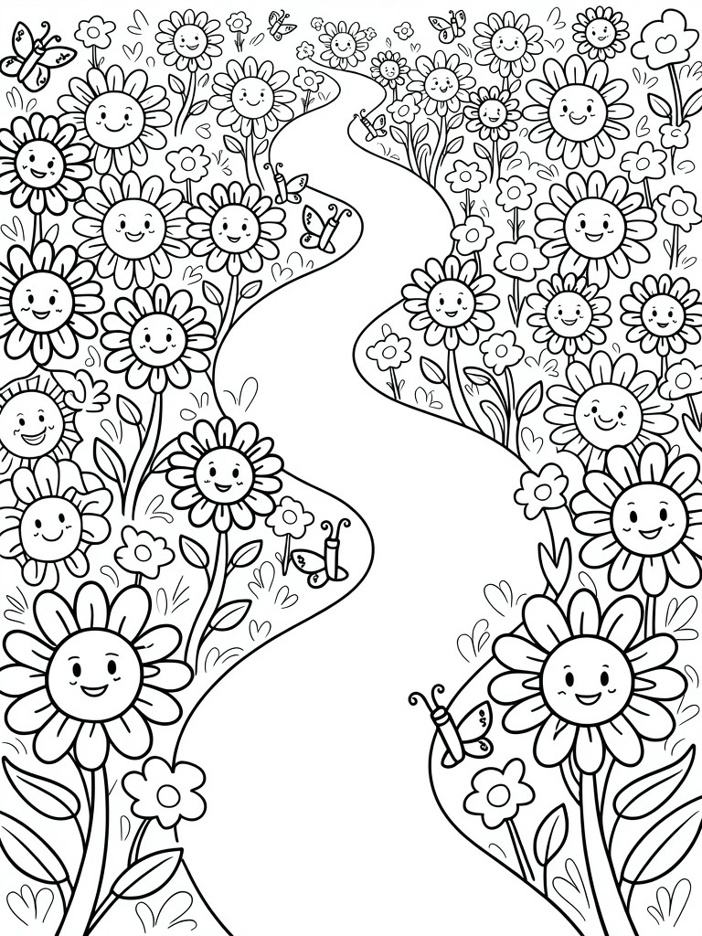 Black and white line drawing of a curvy path winding through fields of smiling sunflowers with butterflies.