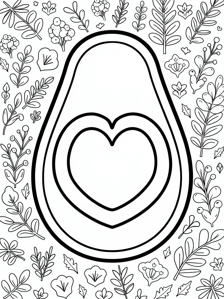 Line art coloring page of a large halved avocado containing a heart shape, surrounded by flowers, leaves, and berries.