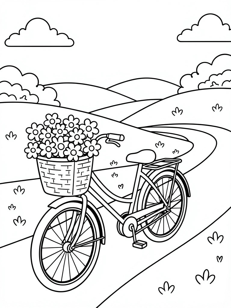 Line drawing of a bicycle with a flower basket riding on a winding path amid hills, grass, bushes, and clouds.