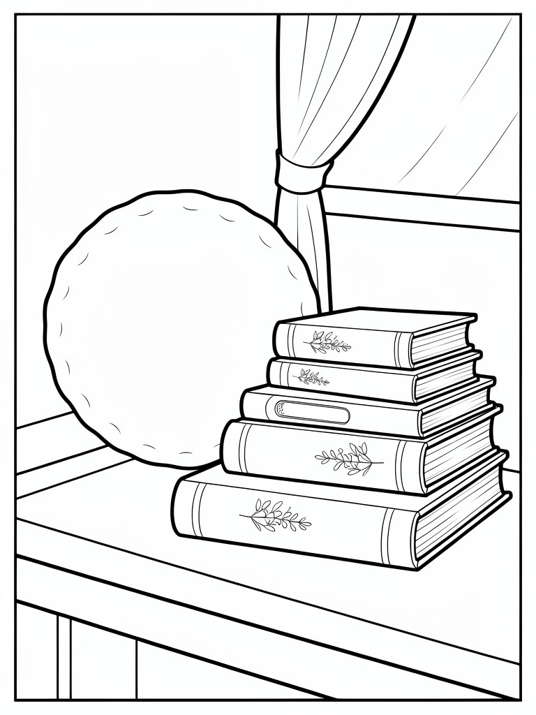 Line drawing of stacked books with leaf designs next to a round pillow on a table, with curtains behind.