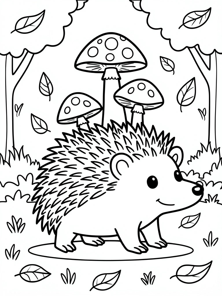 Black and white line drawing of a cute hedgehog near tall mushrooms with falling leaves and forest trees.