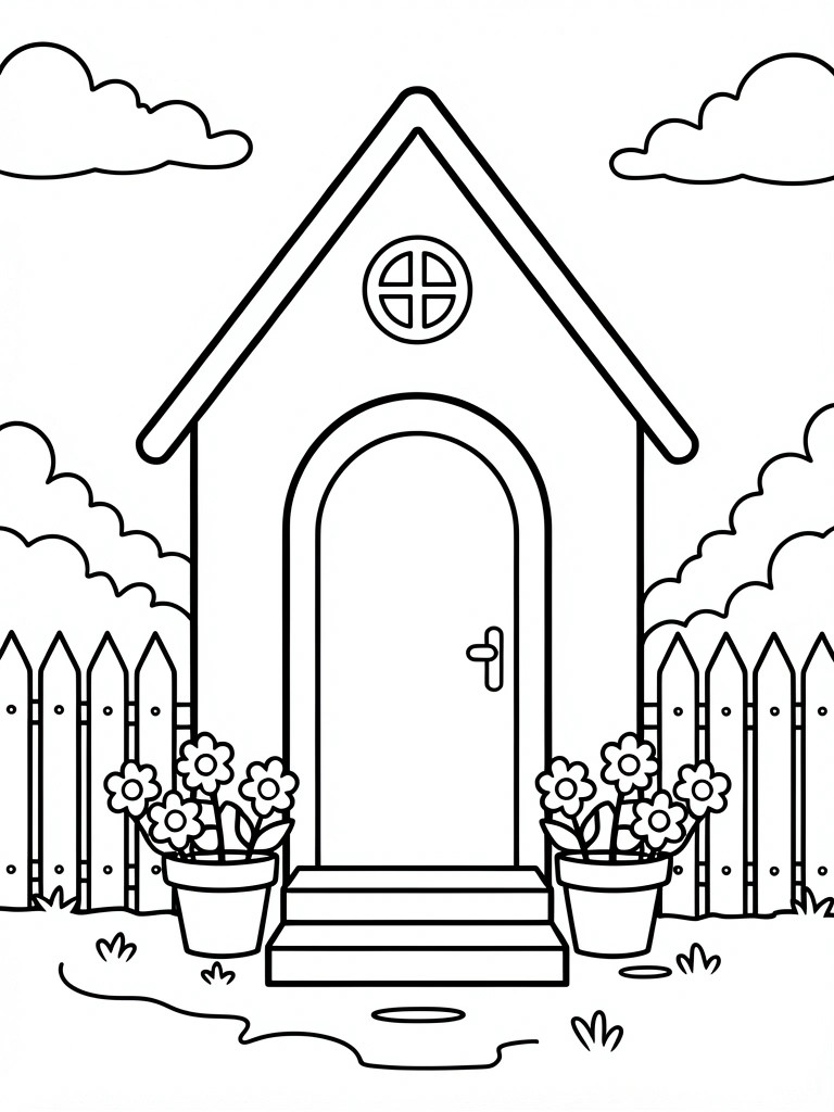 Line drawing of a simple house with arched door, picket fence, potted flowers, and clouds.