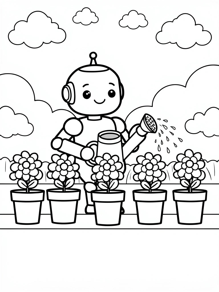 Line art of a smiling robot watering a row of potted flowers under a cloudy sky.